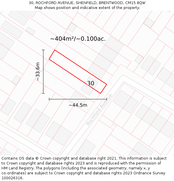 30, ROCHFORD AVENUE, SHENFIELD, BRENTWOOD, CM15 8QW: Plot and title map