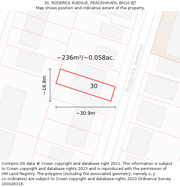 30, RODERICK AVENUE, PEACEHAVEN, BN10 8JT: Plot and title map