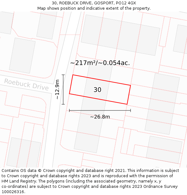 30, ROEBUCK DRIVE, GOSPORT, PO12 4GX: Plot and title map