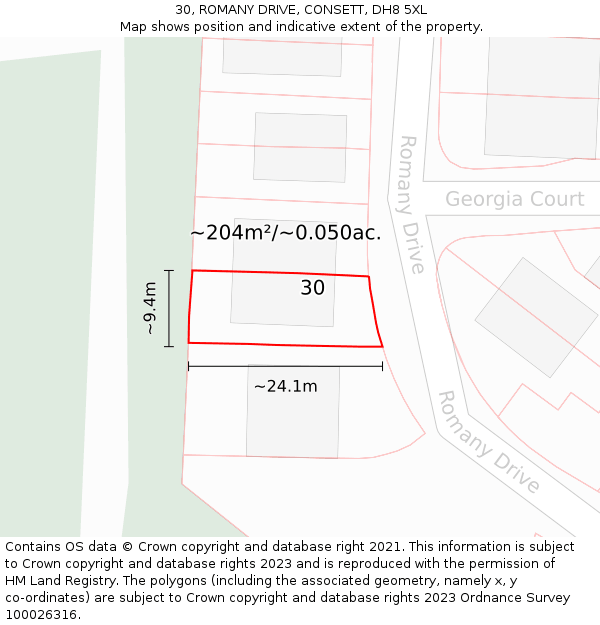 30, ROMANY DRIVE, CONSETT, DH8 5XL: Plot and title map