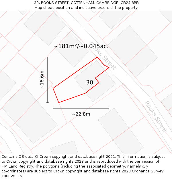 30, ROOKS STREET, COTTENHAM, CAMBRIDGE, CB24 8RB: Plot and title map