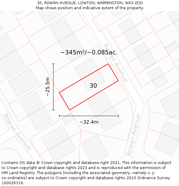 30, ROWAN AVENUE, LOWTON, WARRINGTON, WA3 2DD: Plot and title map