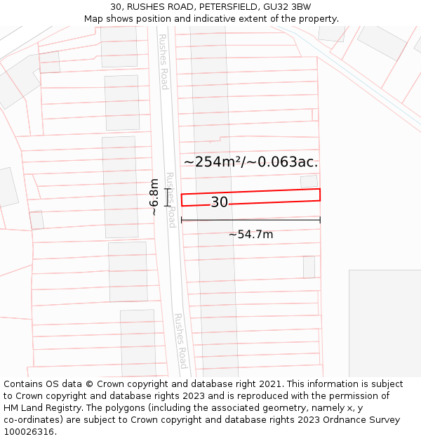 30, RUSHES ROAD, PETERSFIELD, GU32 3BW: Plot and title map