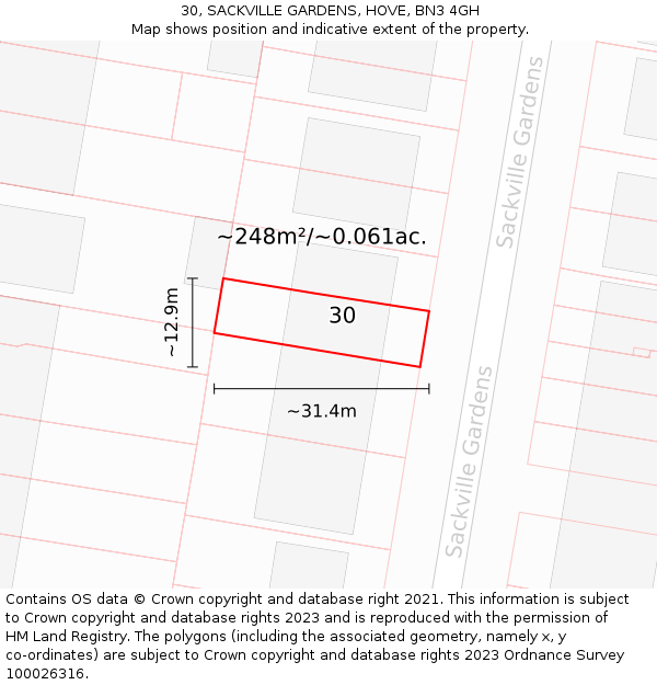 30, SACKVILLE GARDENS, HOVE, BN3 4GH: Plot and title map