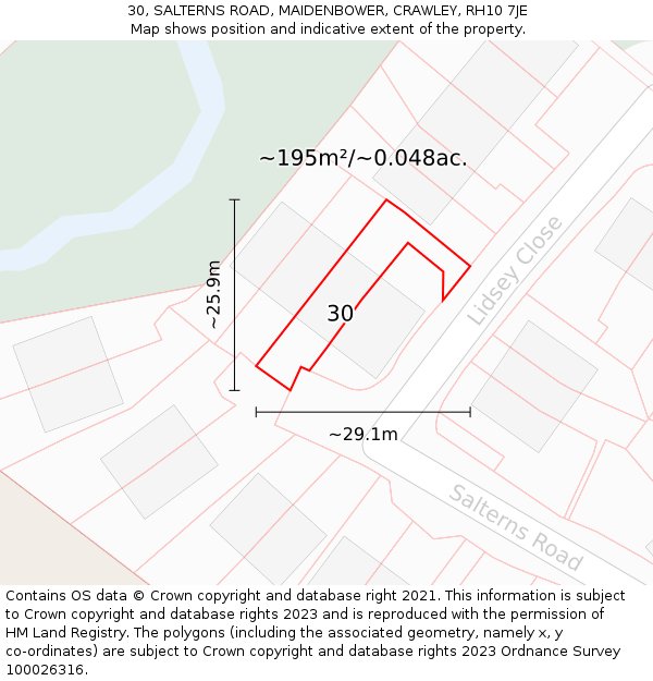 30, SALTERNS ROAD, MAIDENBOWER, CRAWLEY, RH10 7JE: Plot and title map