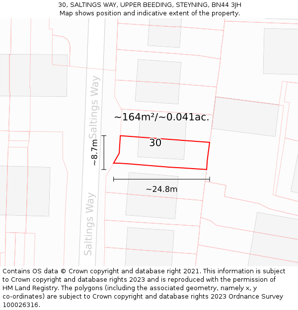 30, SALTINGS WAY, UPPER BEEDING, STEYNING, BN44 3JH: Plot and title map