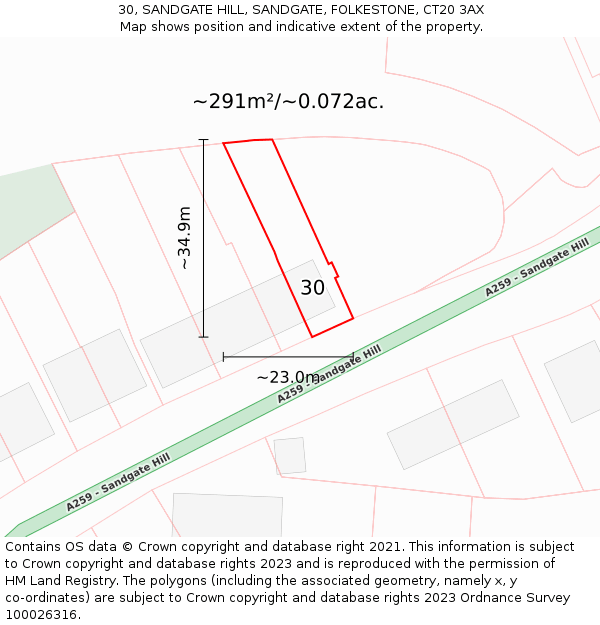 30, SANDGATE HILL, SANDGATE, FOLKESTONE, CT20 3AX: Plot and title map