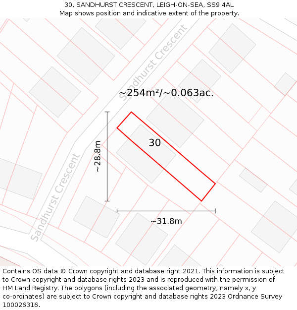 30, SANDHURST CRESCENT, LEIGH-ON-SEA, SS9 4AL: Plot and title map