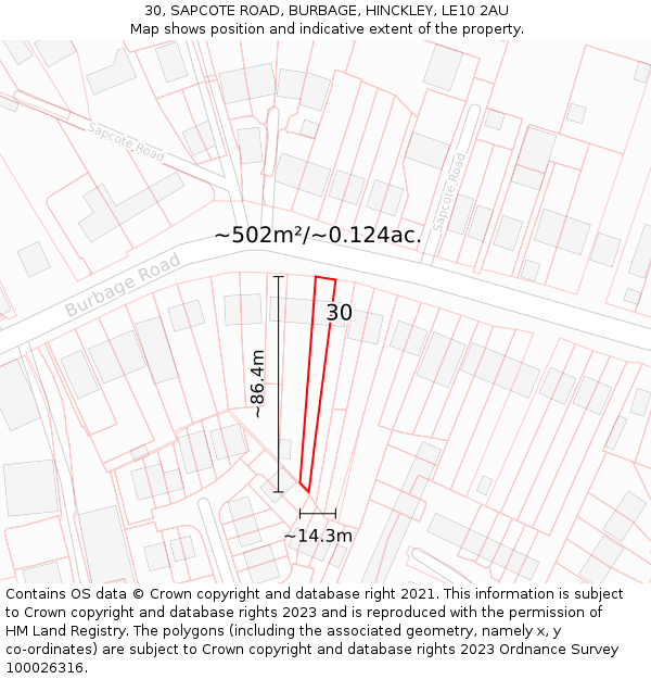 30, SAPCOTE ROAD, BURBAGE, HINCKLEY, LE10 2AU: Plot and title map