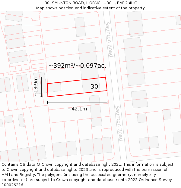 30, SAUNTON ROAD, HORNCHURCH, RM12 4HG: Plot and title map