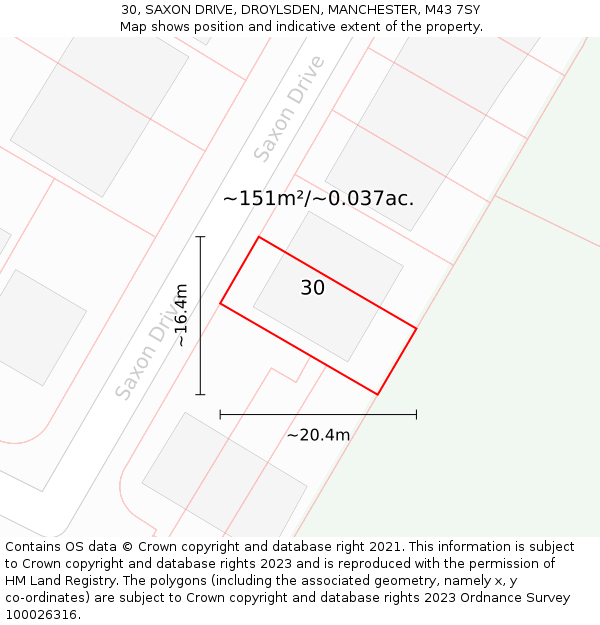 30, SAXON DRIVE, DROYLSDEN, MANCHESTER, M43 7SY: Plot and title map