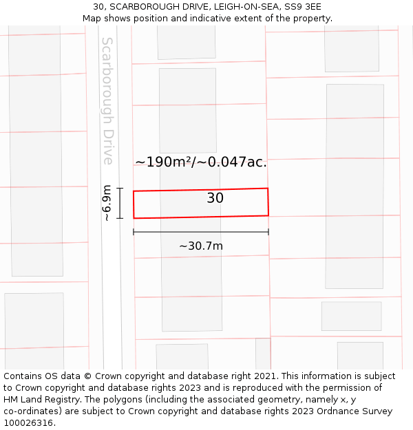 30, SCARBOROUGH DRIVE, LEIGH-ON-SEA, SS9 3EE: Plot and title map