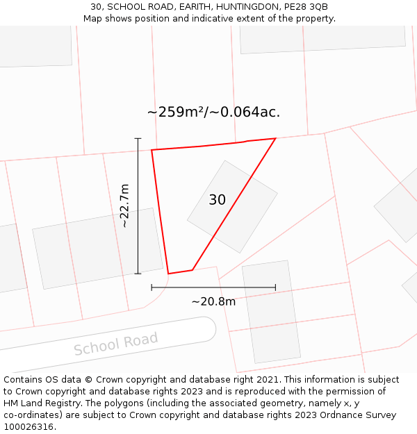 30, SCHOOL ROAD, EARITH, HUNTINGDON, PE28 3QB: Plot and title map