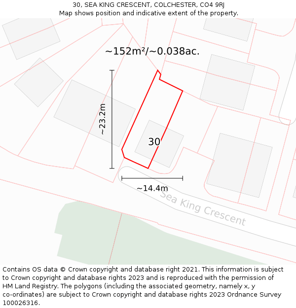 30, SEA KING CRESCENT, COLCHESTER, CO4 9RJ: Plot and title map