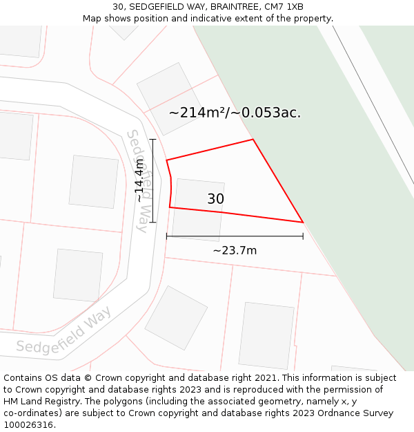 30, SEDGEFIELD WAY, BRAINTREE, CM7 1XB: Plot and title map