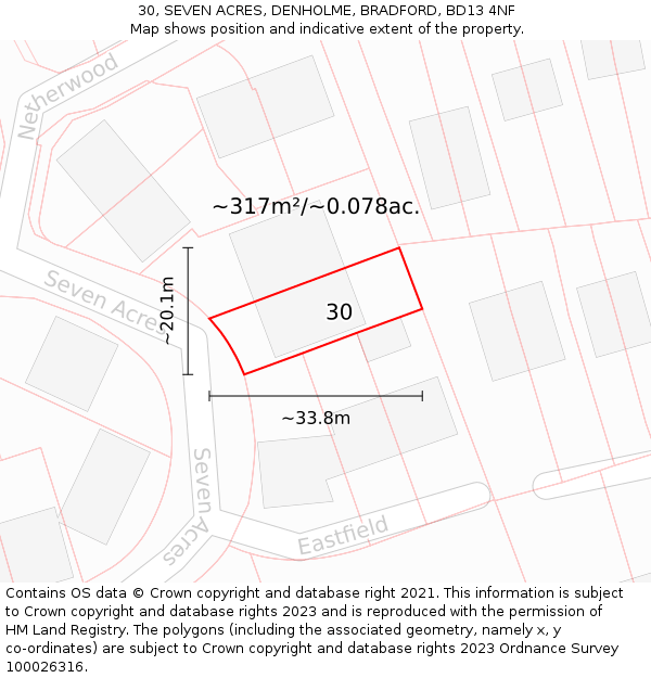 30, SEVEN ACRES, DENHOLME, BRADFORD, BD13 4NF: Plot and title map