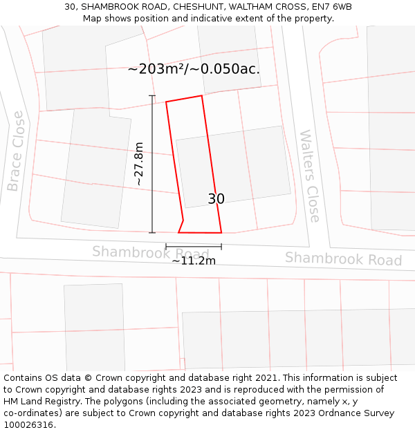 30, SHAMBROOK ROAD, CHESHUNT, WALTHAM CROSS, EN7 6WB: Plot and title map