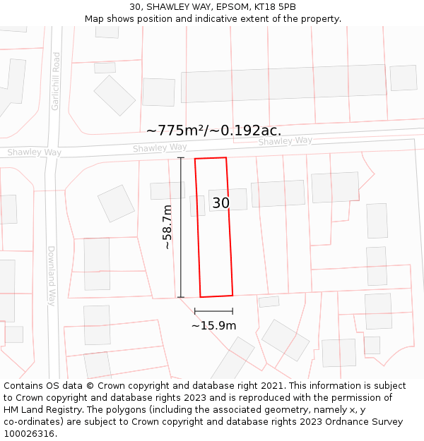 30, SHAWLEY WAY, EPSOM, KT18 5PB: Plot and title map