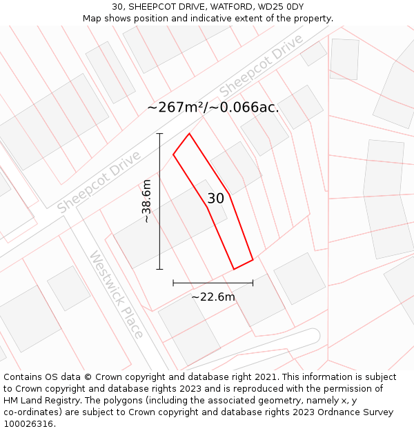 30, SHEEPCOT DRIVE, WATFORD, WD25 0DY: Plot and title map