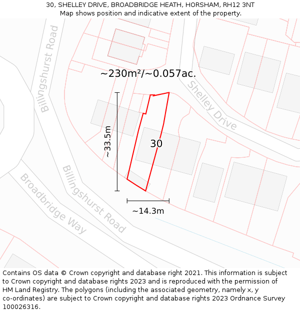 30, SHELLEY DRIVE, BROADBRIDGE HEATH, HORSHAM, RH12 3NT: Plot and title map