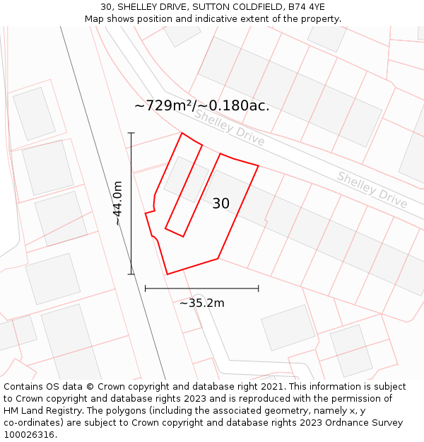 30, SHELLEY DRIVE, SUTTON COLDFIELD, B74 4YE: Plot and title map