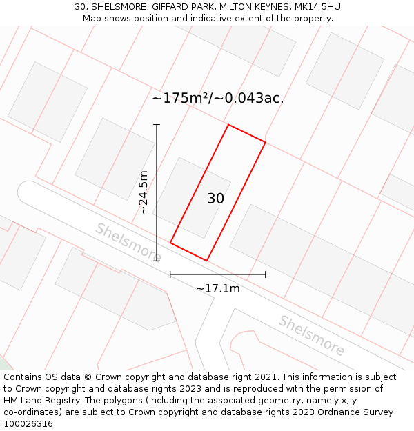 30, SHELSMORE, GIFFARD PARK, MILTON KEYNES, MK14 5HU: Plot and title map