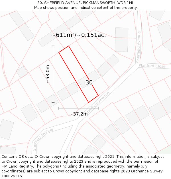 30, SHERFIELD AVENUE, RICKMANSWORTH, WD3 1NL: Plot and title map