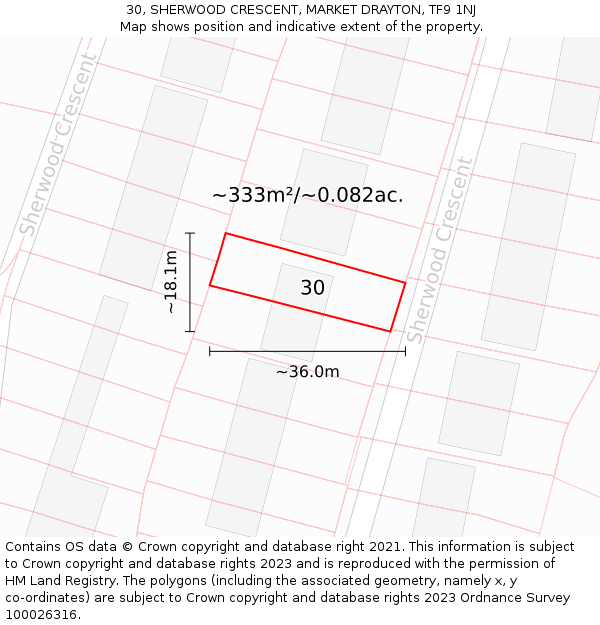 30, SHERWOOD CRESCENT, MARKET DRAYTON, TF9 1NJ: Plot and title map