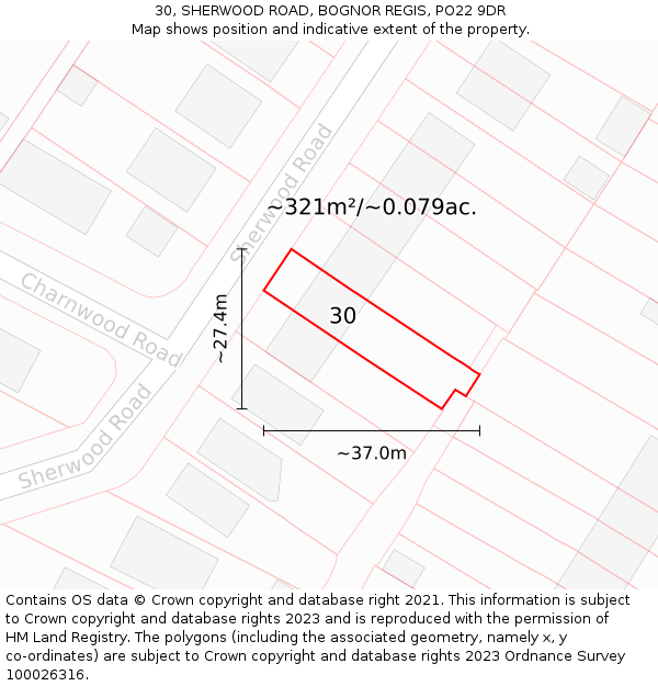 30, SHERWOOD ROAD, BOGNOR REGIS, PO22 9DR: Plot and title map