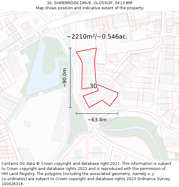 30, SHIREBROOK DRIVE, GLOSSOP, SK13 8RF: Plot and title map