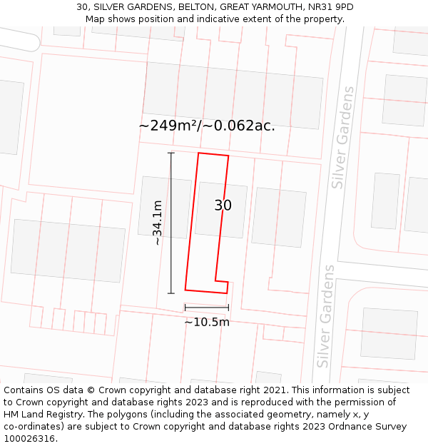 30, SILVER GARDENS, BELTON, GREAT YARMOUTH, NR31 9PD: Plot and title map