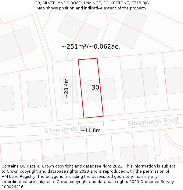 30, SILVERLANDS ROAD, LYMINGE, FOLKESTONE, CT18 8JG: Plot and title map