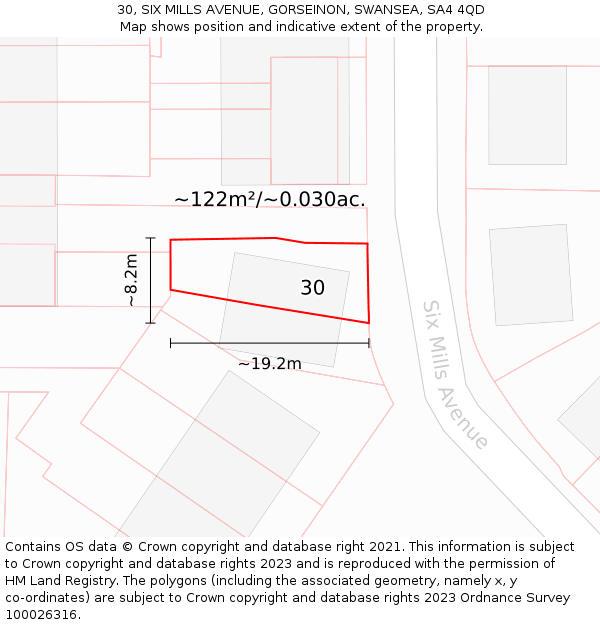 30, SIX MILLS AVENUE, GORSEINON, SWANSEA, SA4 4QD: Plot and title map