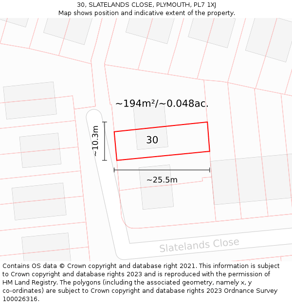 30, SLATELANDS CLOSE, PLYMOUTH, PL7 1XJ: Plot and title map