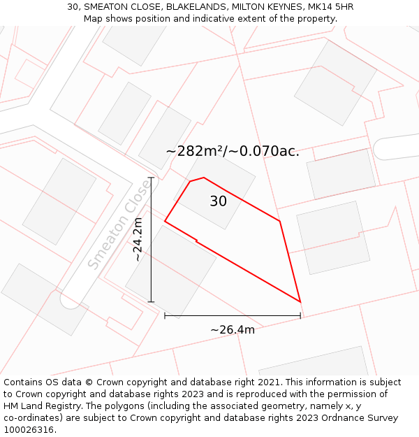 30, SMEATON CLOSE, BLAKELANDS, MILTON KEYNES, MK14 5HR: Plot and title map