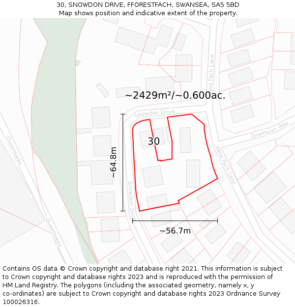 30, SNOWDON DRIVE, FFORESTFACH, SWANSEA, SA5 5BD: Plot and title map