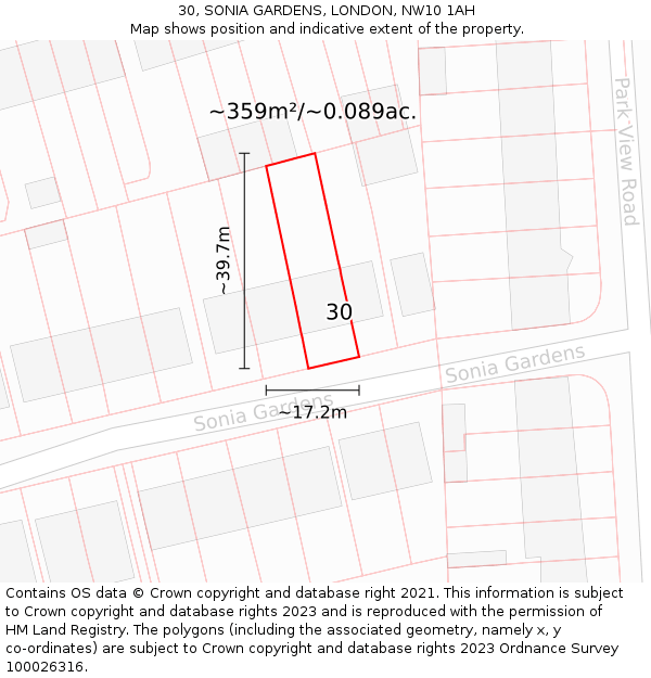 30, SONIA GARDENS, LONDON, NW10 1AH: Plot and title map