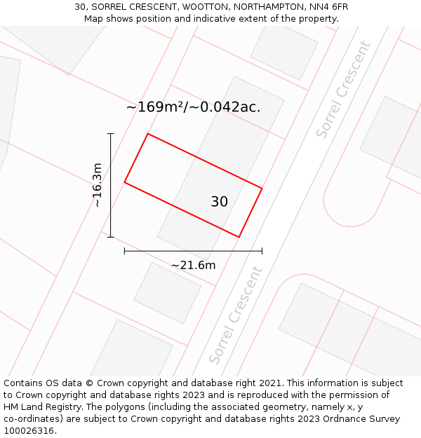 30, SORREL CRESCENT, WOOTTON, NORTHAMPTON, NN4 6FR: Plot and title map