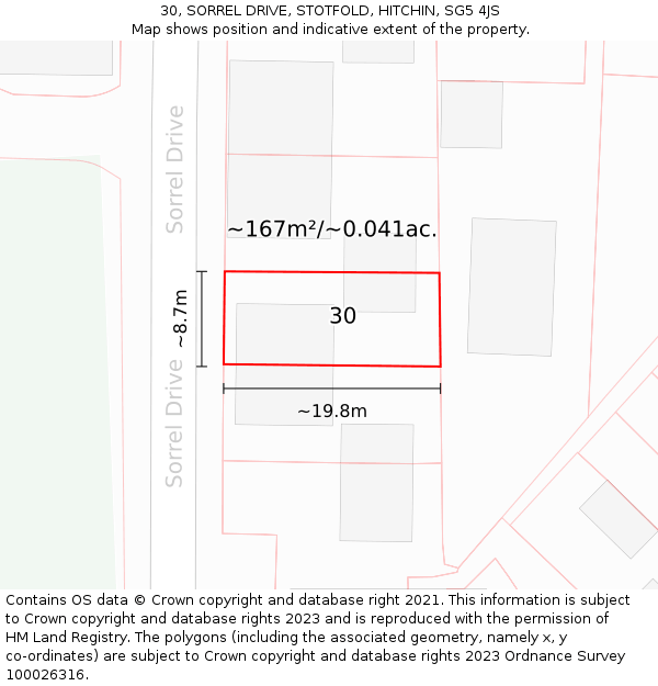 30, SORREL DRIVE, STOTFOLD, HITCHIN, SG5 4JS: Plot and title map