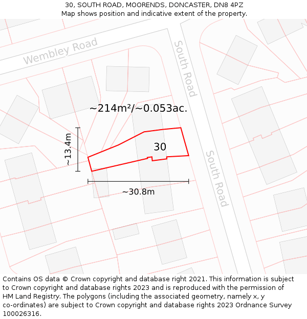 30, SOUTH ROAD, MOORENDS, DONCASTER, DN8 4PZ: Plot and title map