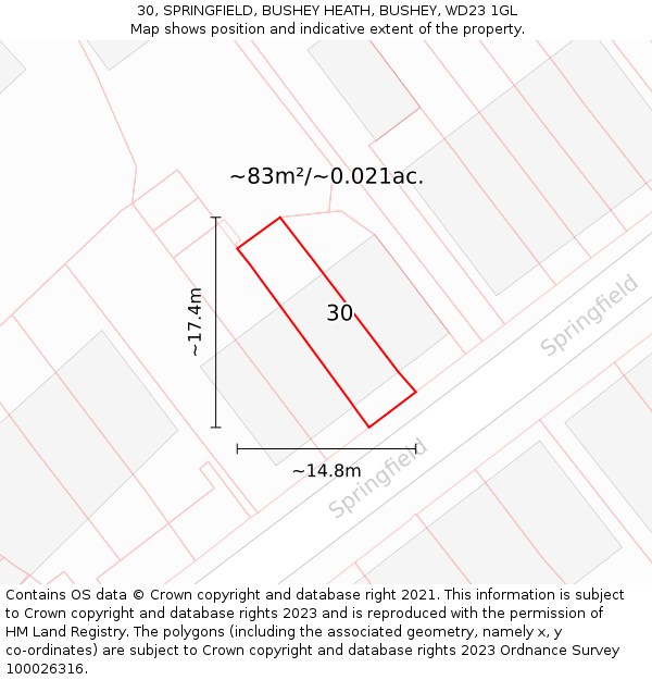 30, SPRINGFIELD, BUSHEY HEATH, BUSHEY, WD23 1GL: Plot and title map