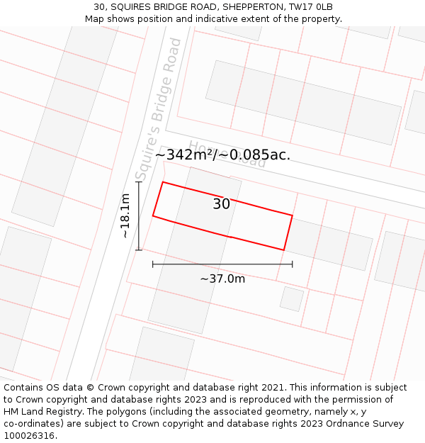 30, SQUIRES BRIDGE ROAD, SHEPPERTON, TW17 0LB: Plot and title map