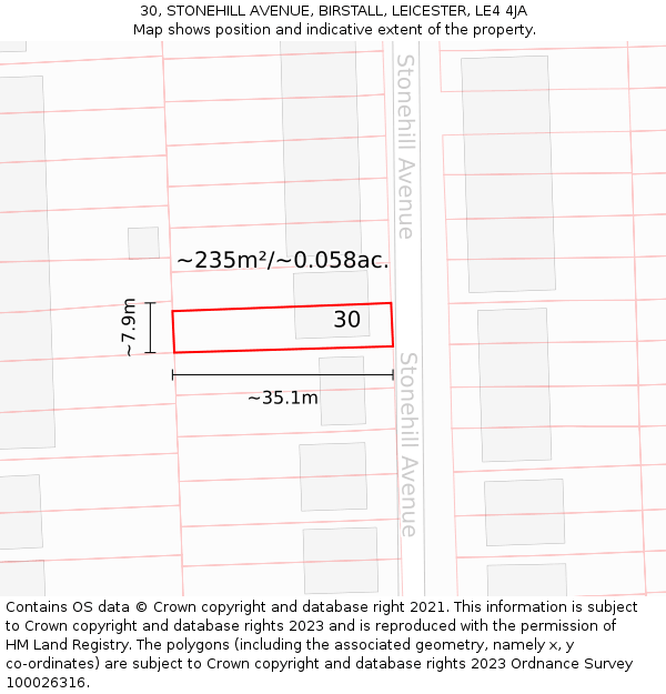 30, STONEHILL AVENUE, BIRSTALL, LEICESTER, LE4 4JA: Plot and title map