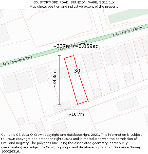 30, STORTFORD ROAD, STANDON, WARE, SG11 1LX: Plot and title map