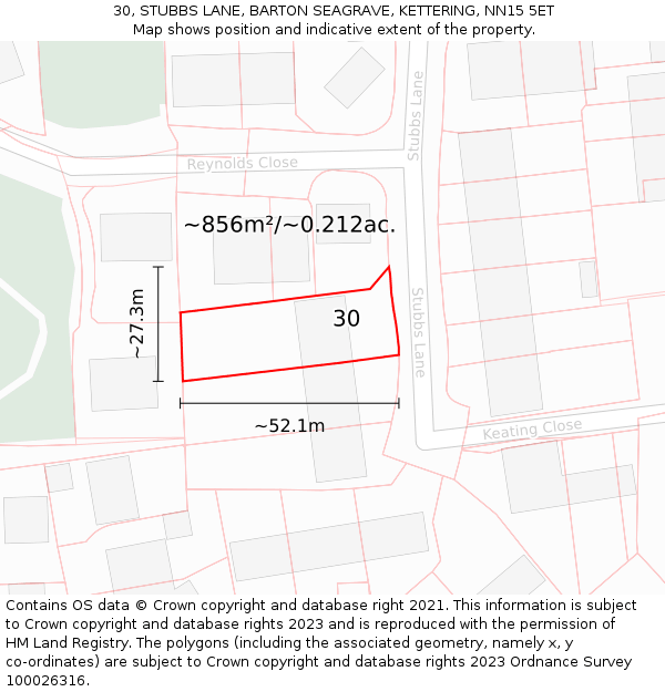 30, STUBBS LANE, BARTON SEAGRAVE, KETTERING, NN15 5ET: Plot and title map