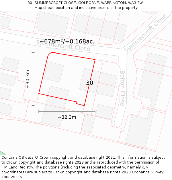 30, SUMMERCROFT CLOSE, GOLBORNE, WARRINGTON, WA3 3WL: Plot and title map