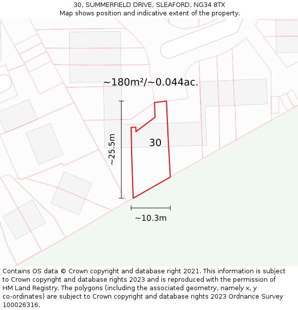 30, SUMMERFIELD DRIVE, SLEAFORD, NG34 8TX: Plot and title map