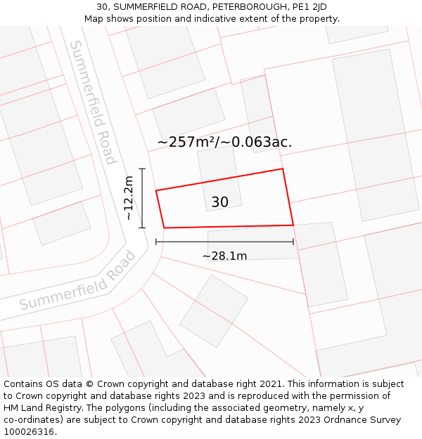 30, SUMMERFIELD ROAD, PETERBOROUGH, PE1 2JD: Plot and title map