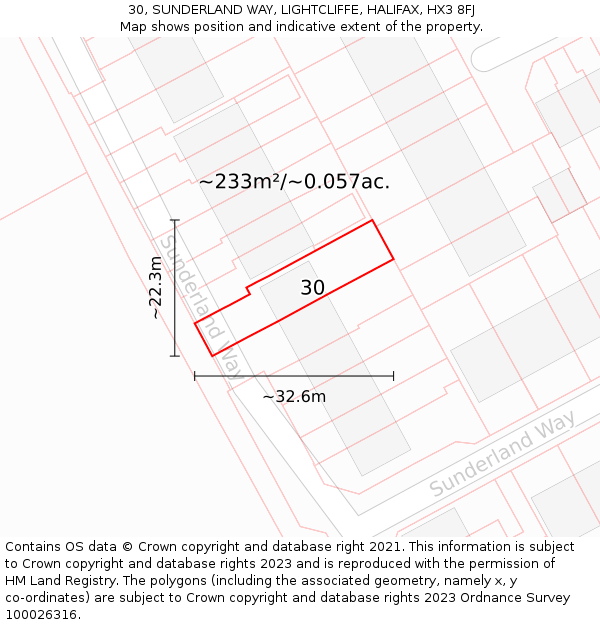 30, SUNDERLAND WAY, LIGHTCLIFFE, HALIFAX, HX3 8FJ: Plot and title map