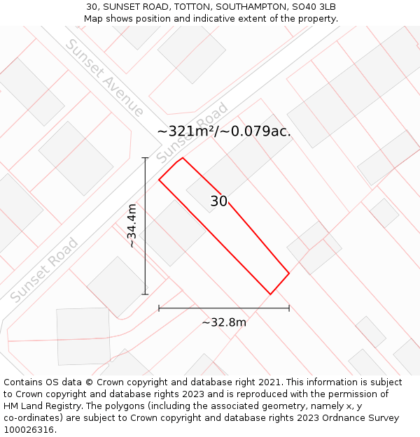 30, SUNSET ROAD, TOTTON, SOUTHAMPTON, SO40 3LB: Plot and title map